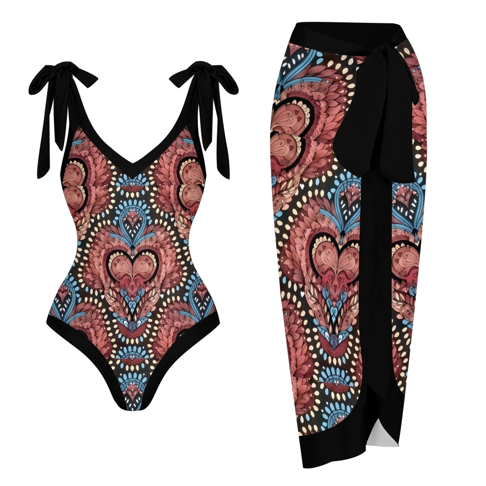 Women's Baroque Print One Piece Swimsuit  Set  with Matching Wrap Skirt