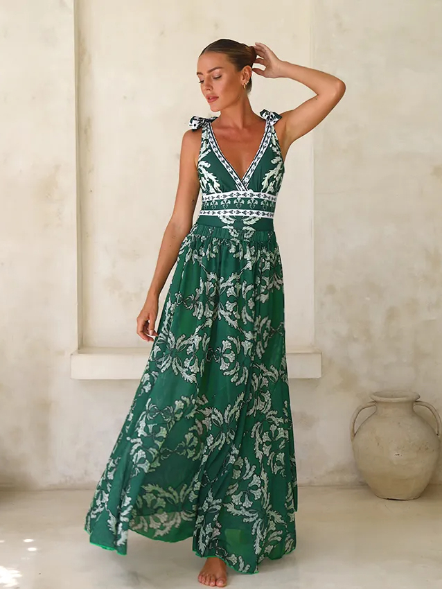 V Neck Lace Up Printed Swimsuit and Skirt