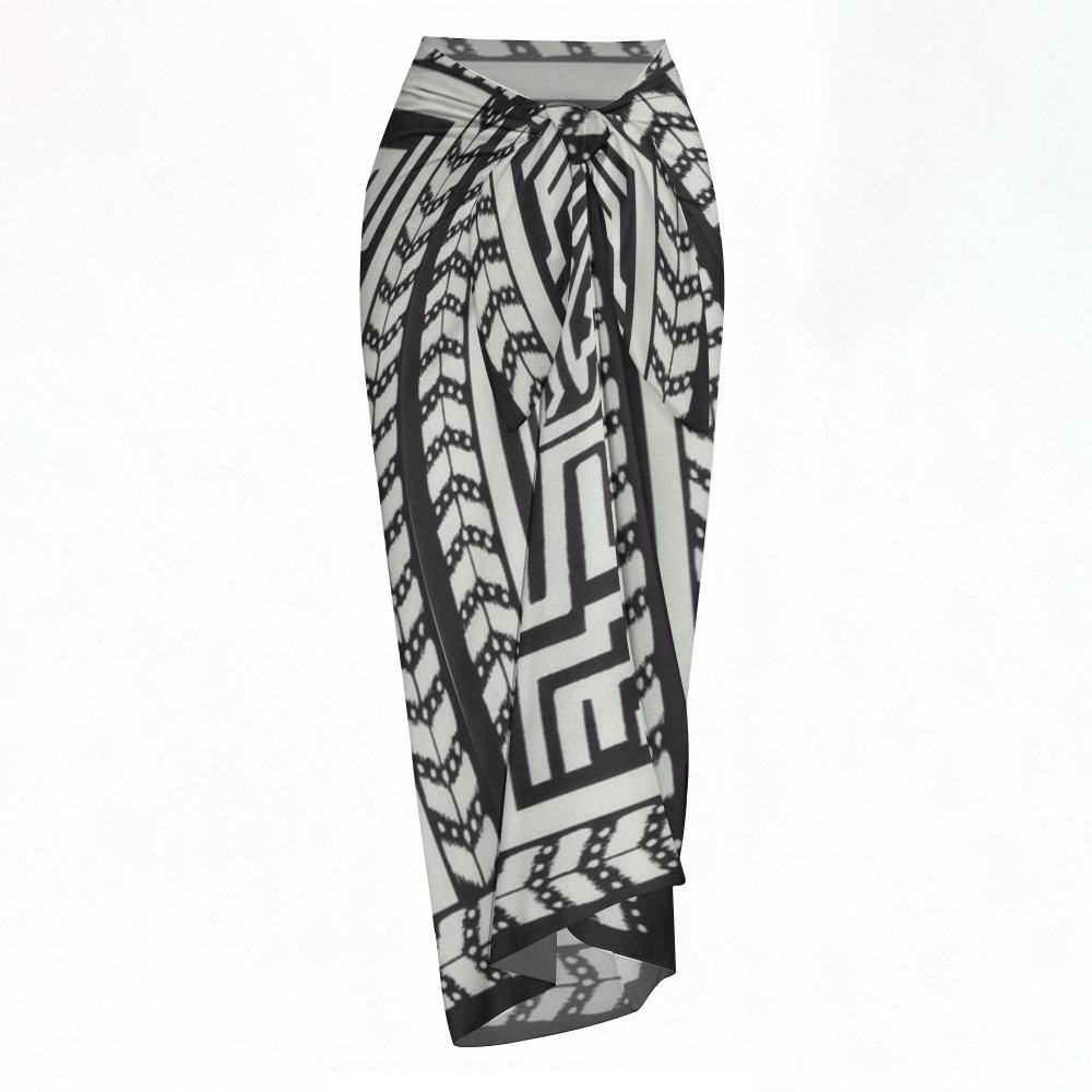 Black Triangle Side Tie Two-Piece Bikini Set with Geometric Sarong Skirt