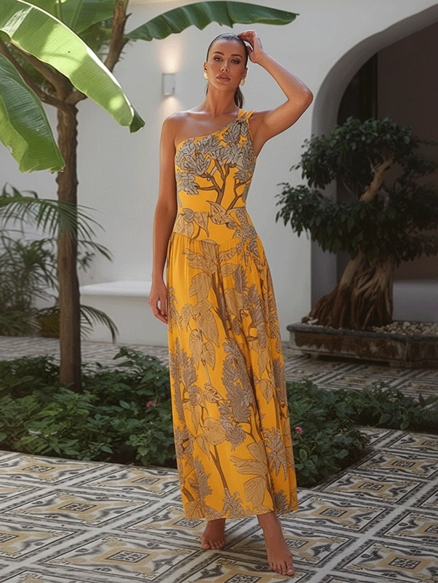 Botanical Leaf Yellow Printed Swimsuit & Cover-Up Set