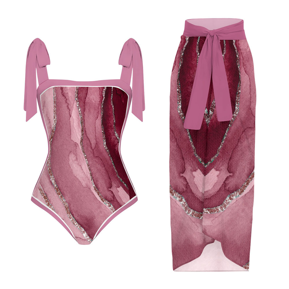 Women's Watercolor Shoulder Tie Straps One Piece Swimsuit Matching Sarong Skirt