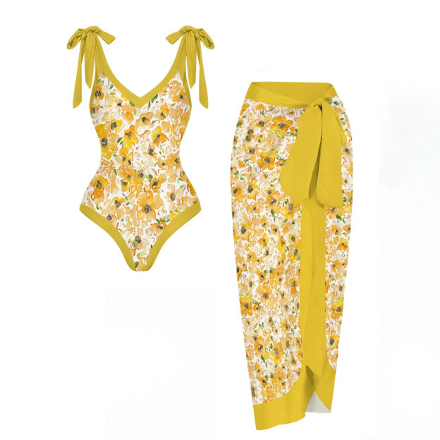 Women’s Floral Swimsuit & Wrap Skirt Set with Mustard Trim and Bow Straps