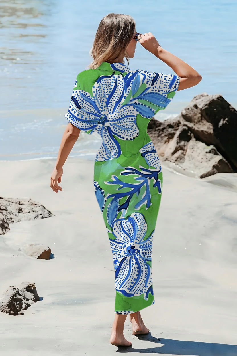 Seaside Abstract Dot & Leaf Maxi Dress