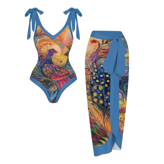 Women's Peacock Print One Piece Swimsuit with Matching Sarong Skirt