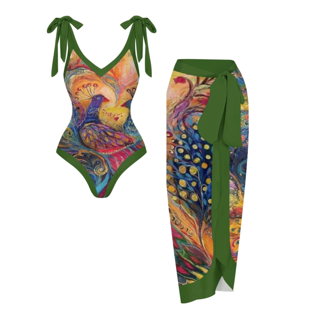 Women's Peacock Print One Piece Swimsuit with Matching Sarong Skirt