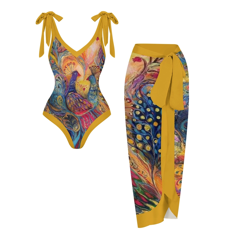 Women's Peacock Print One Piece Swimsuit with Matching Sarong Skirt