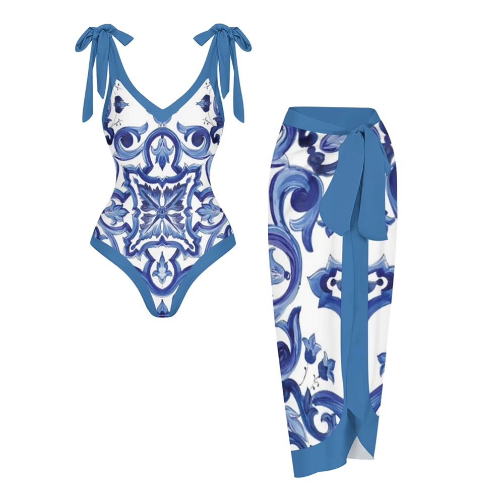 Women's Mandala Print One Piece Swimsuit with Matching Sarong Skirt