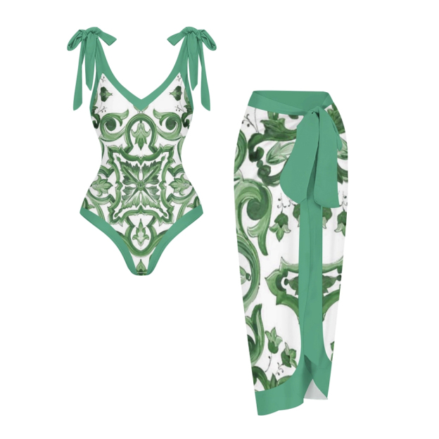 Women's Mandala Print One Piece Swimsuit with Matching Sarong Skirt