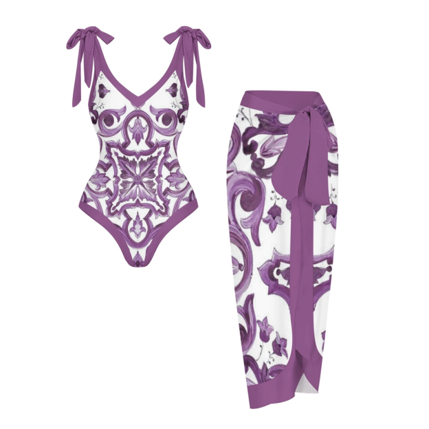 Women's Mandala Print One Piece Swimsuit with Matching Sarong Skirt