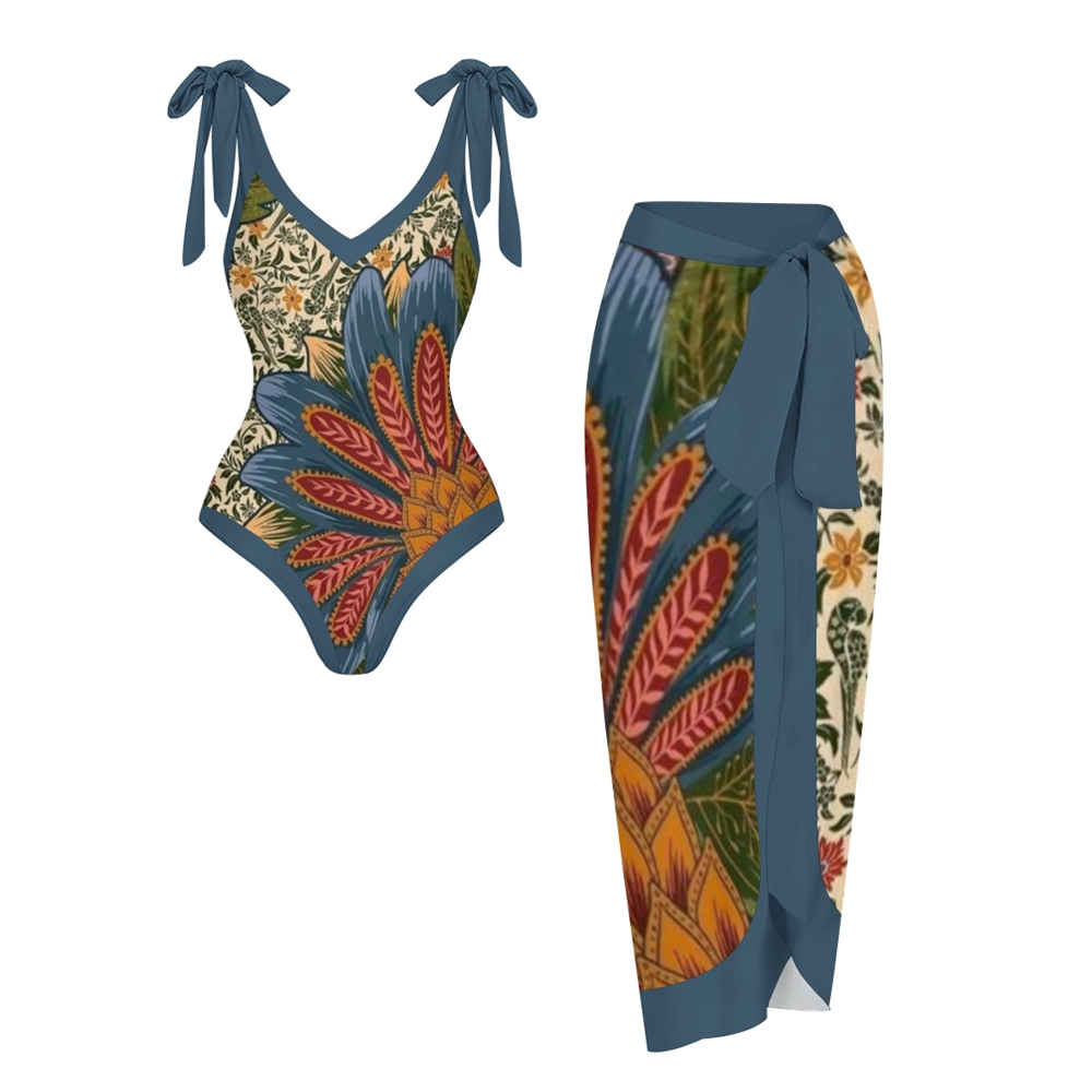 Women's Floral Print One Piece Swimsuit with Matching Sarong Skirt