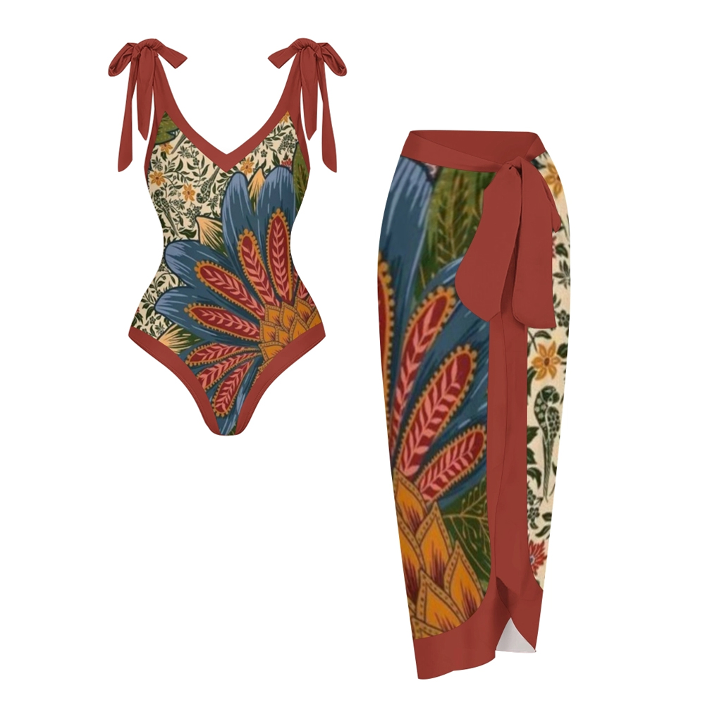 Women's Floral Print One Piece Swimsuit with Matching Sarong Skirt