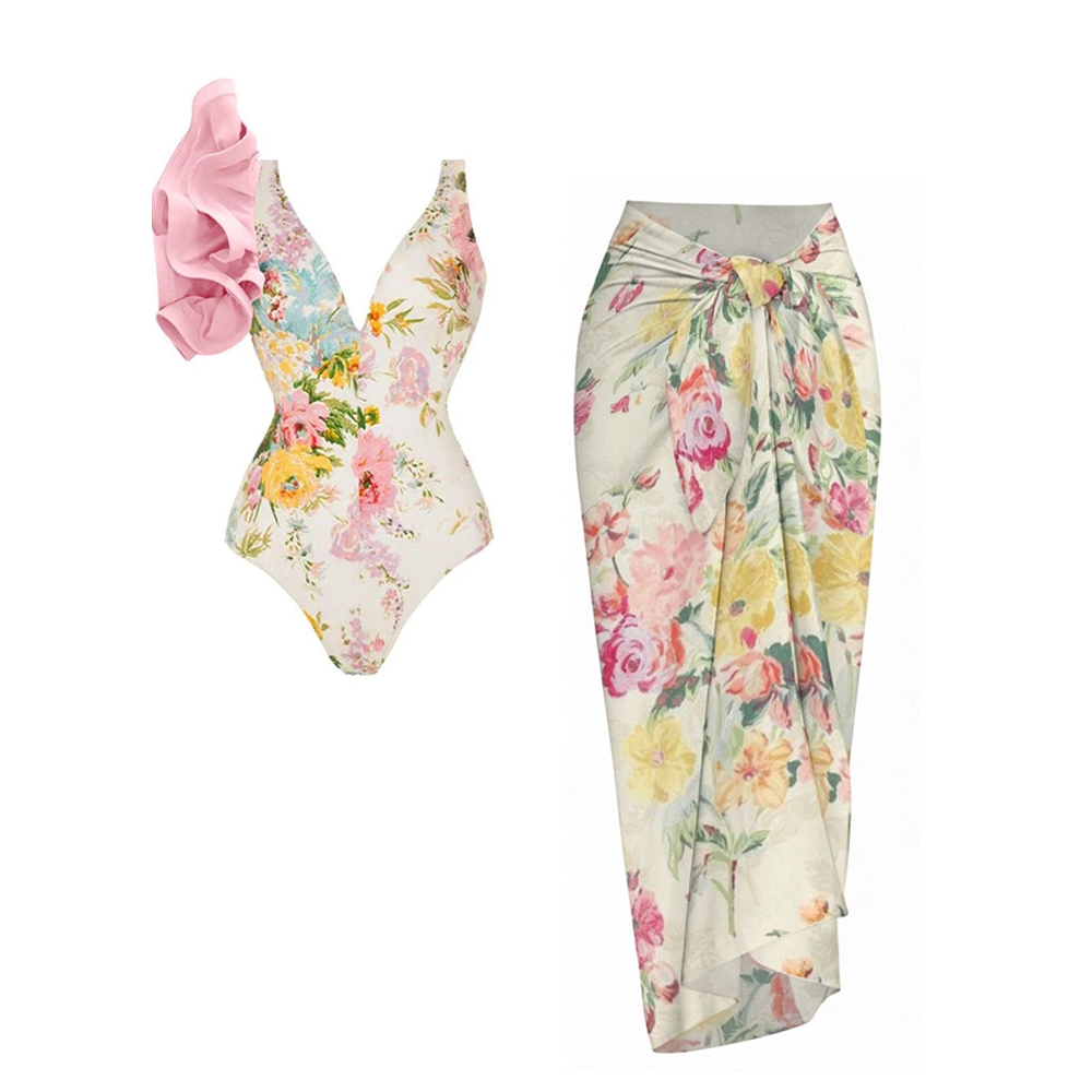 Women's Floral One-Piece Swimsuit with Ruffle Shoulder and Matching Sarong Beach Cover-Up
