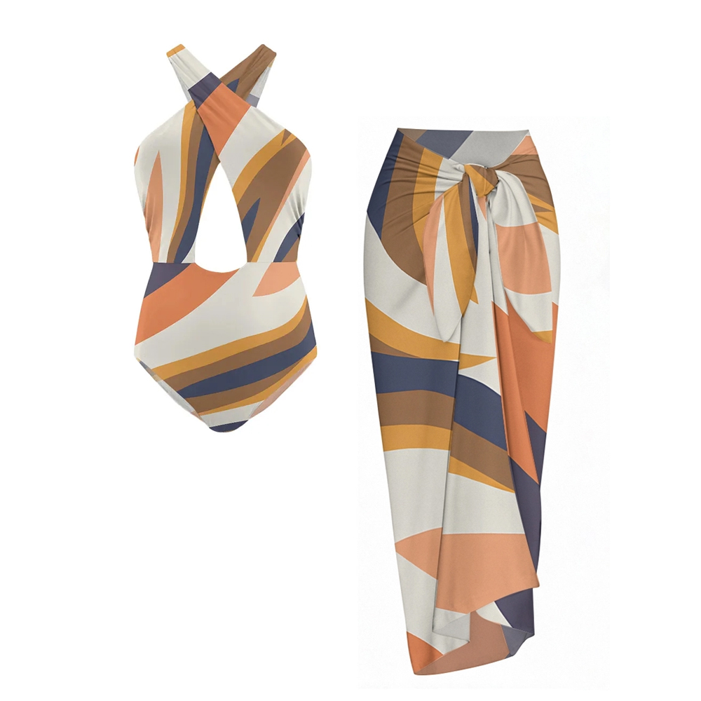 Modern Artistic One Piece Swimsuit Set with Crisscross Halter Cutout Design and Matching Sarong