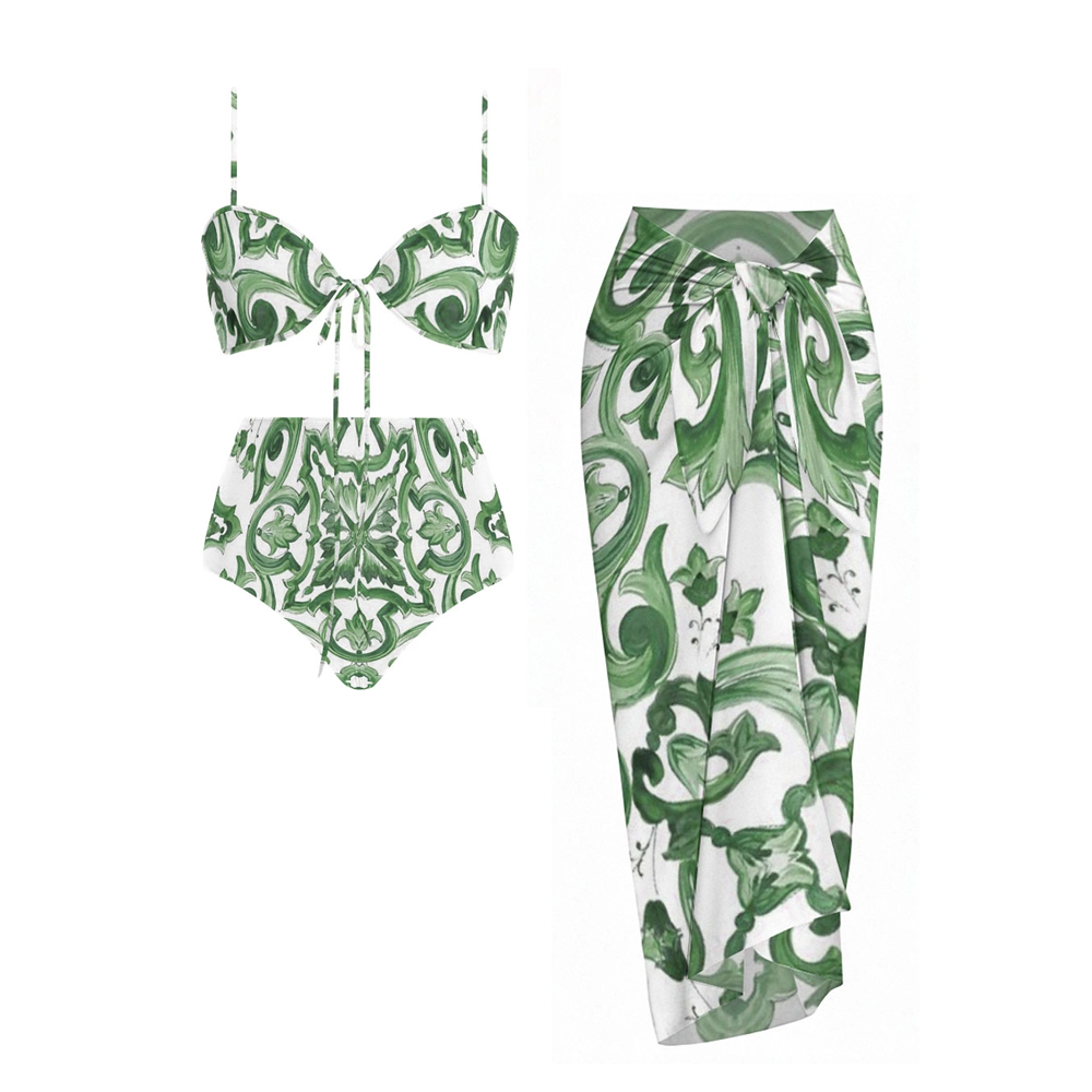 Elegant Baroque Pattern Bikini Set with Front Tie Top and Coordinated Sarong Skirt