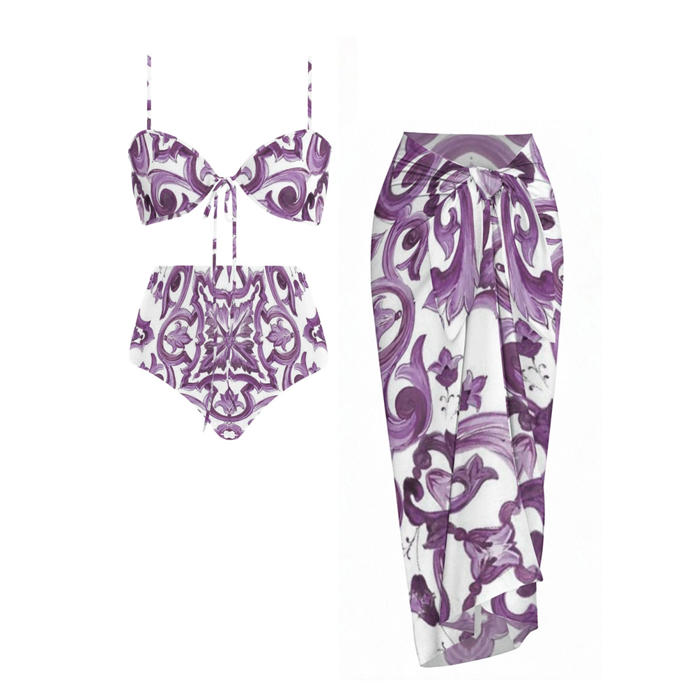 Elegant Baroque Pattern Bikini Set with Front Tie Top and Coordinated Sarong Skirt