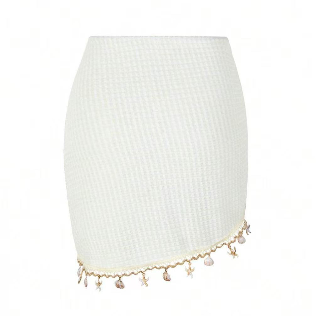 Black Knit Cover-Up Skirt Embellished with Shells, Starfish, and Fringe