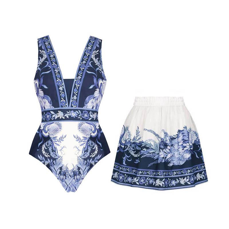 Women's V Neck New Blue Oriental-Inspired Print One Piece Swimsuit and Mini Skirt