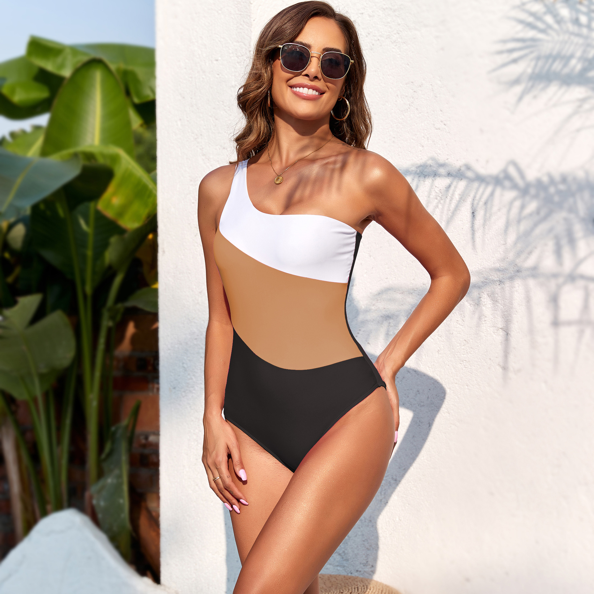 Women's One Shoulder Color-block One-Piece Swimsuit