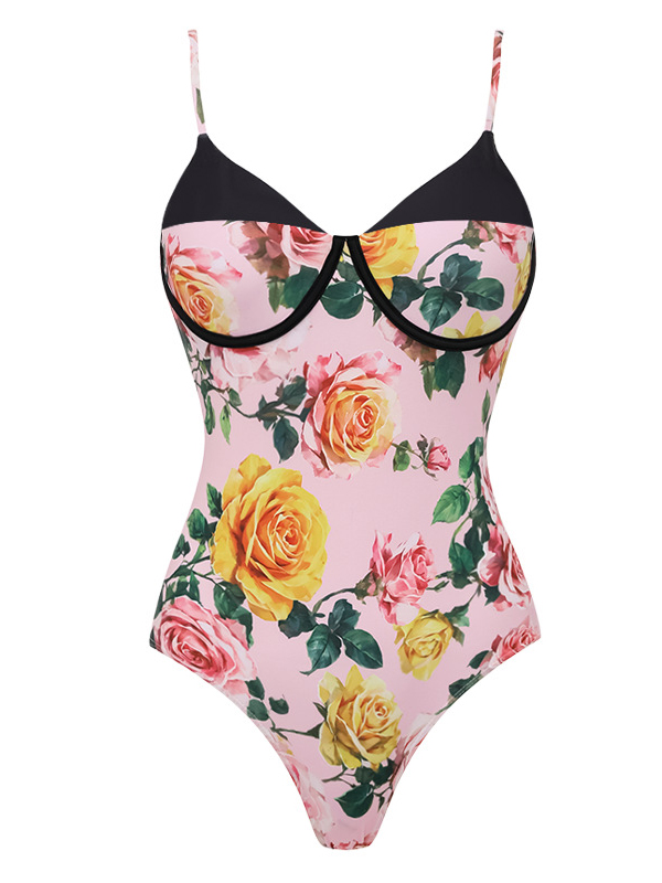 New Pink Floral Print V-Neck One-Piece with Skirt