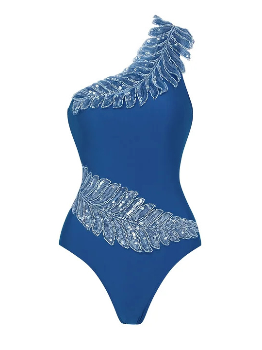 Beads Embroidered with Solid Color Swimsuit