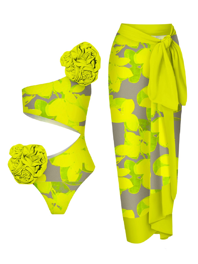 One-Shoulder 3D Floral Print Swimsuit and Cover-Up