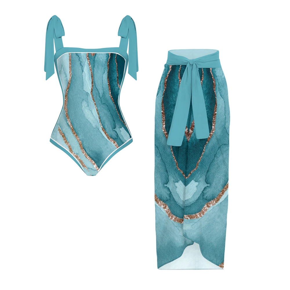Women's Watercolor Shoulder Tie Straps One Piece Swimsuit Matching Sarong Skirt