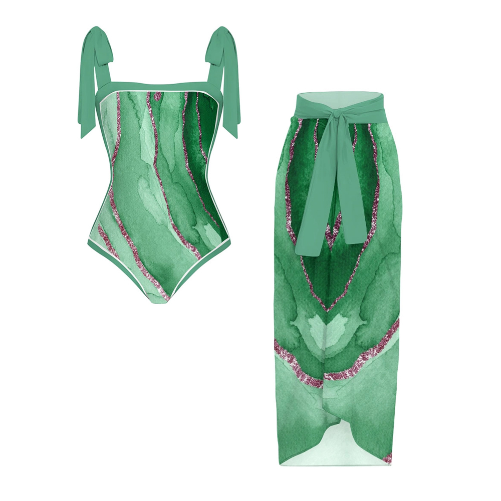 Women's Watercolor Shoulder Tie Straps One Piece Swimsuit Matching Sarong Skirt