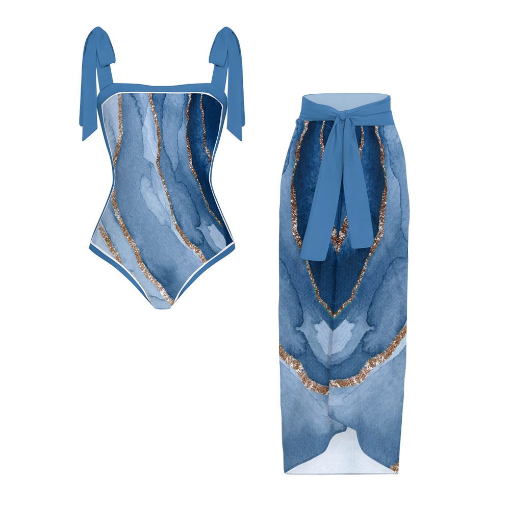 Women's Watercolor Shoulder Tie Straps One Piece Swimsuit Matching Sar