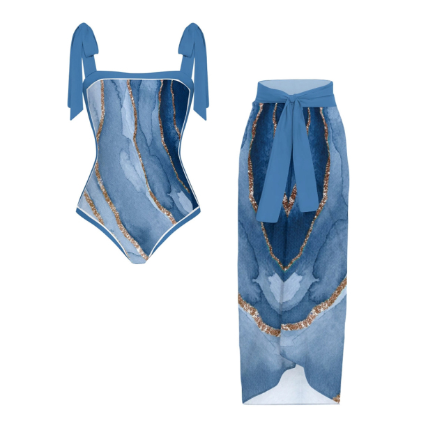 Women's Watercolor Shoulder Tie Straps One Piece Swimsuit Matching Sarong Skirt