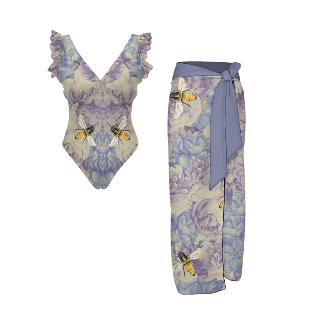 Women's Floral and Bee Print Ruffle Straps One Piece Swimsuit Matching Sarong Skirt