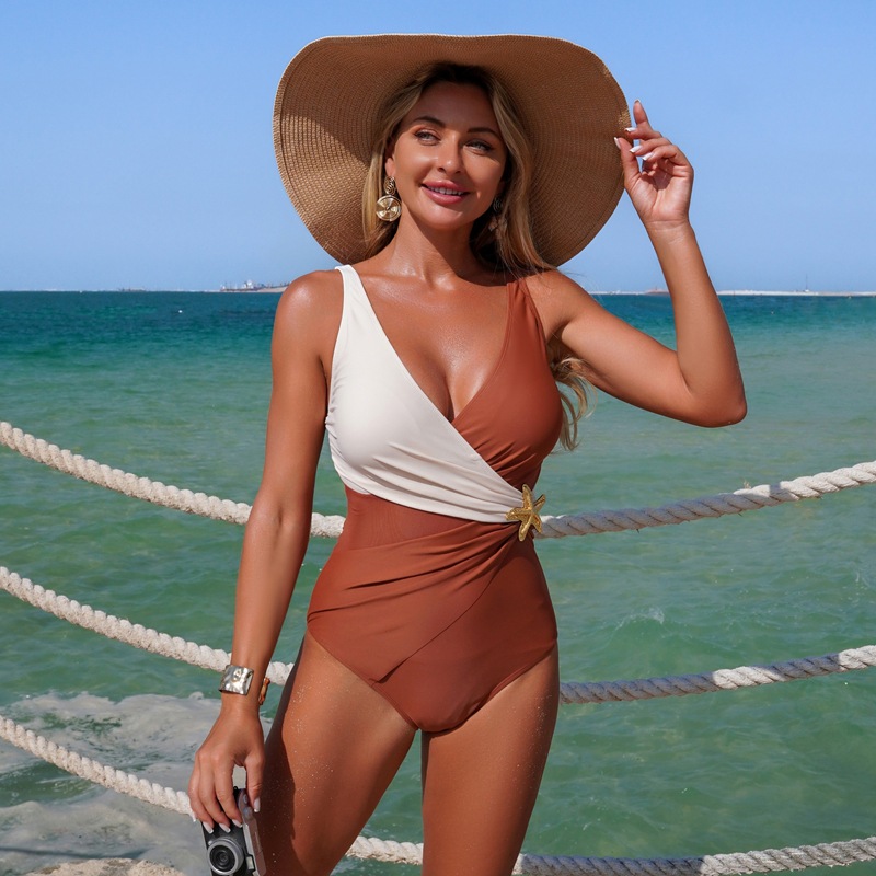 Women's 2026 New Mesh & Color-Block One-Piece with V-Neck and Starfish Detail