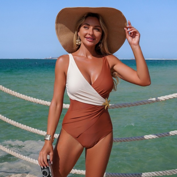 Women's 2026 New Mesh & Color-Block One-Piece with V-Neck and Starfish Detail