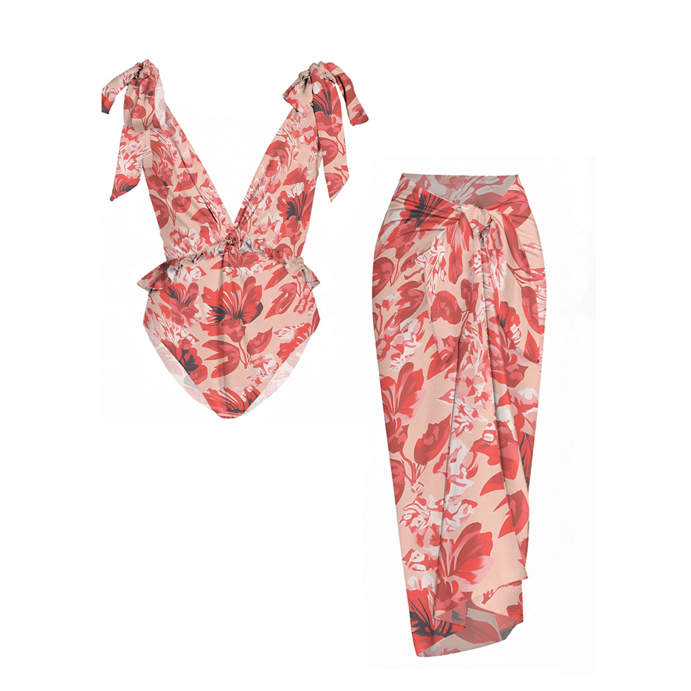 Floral Print Tie Shoulder Straps One Piece Swimsuit and Matching Saron