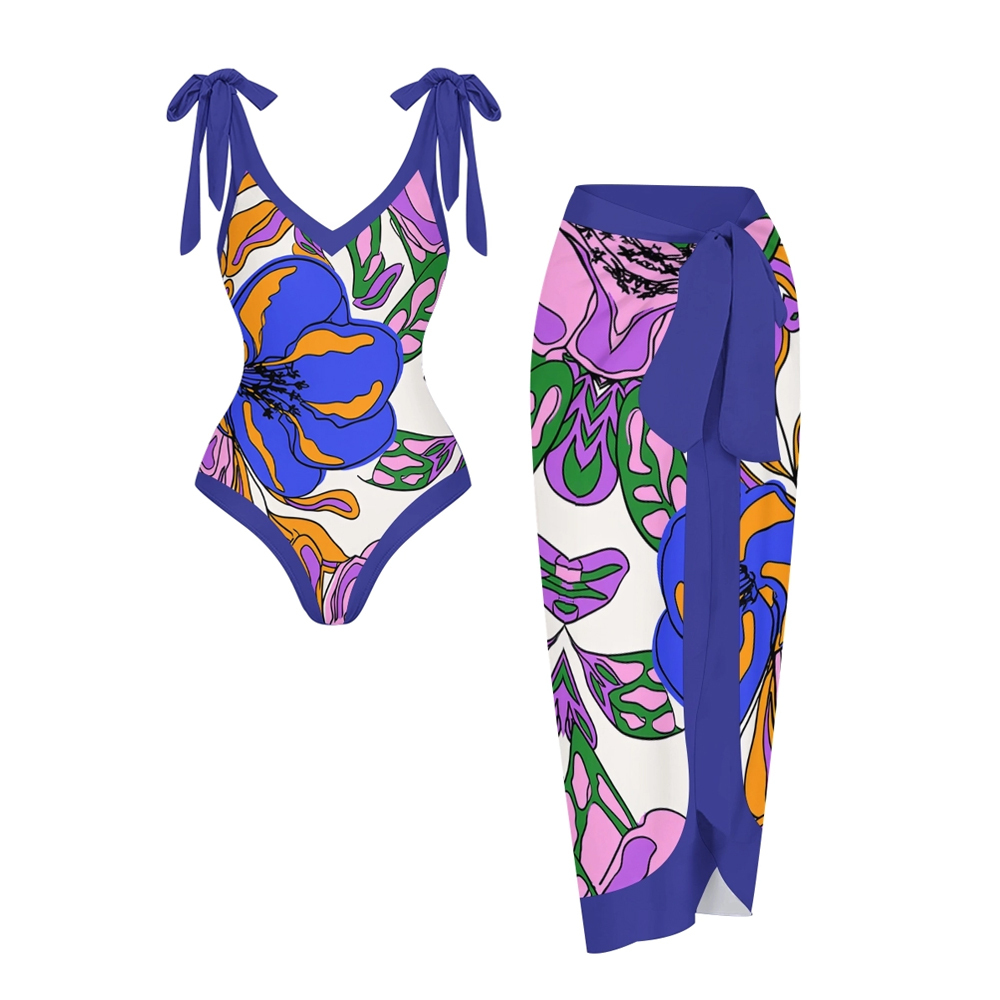 Tropical Floral Print Blue One Piece Swimsuit Waist Sarong Skirt