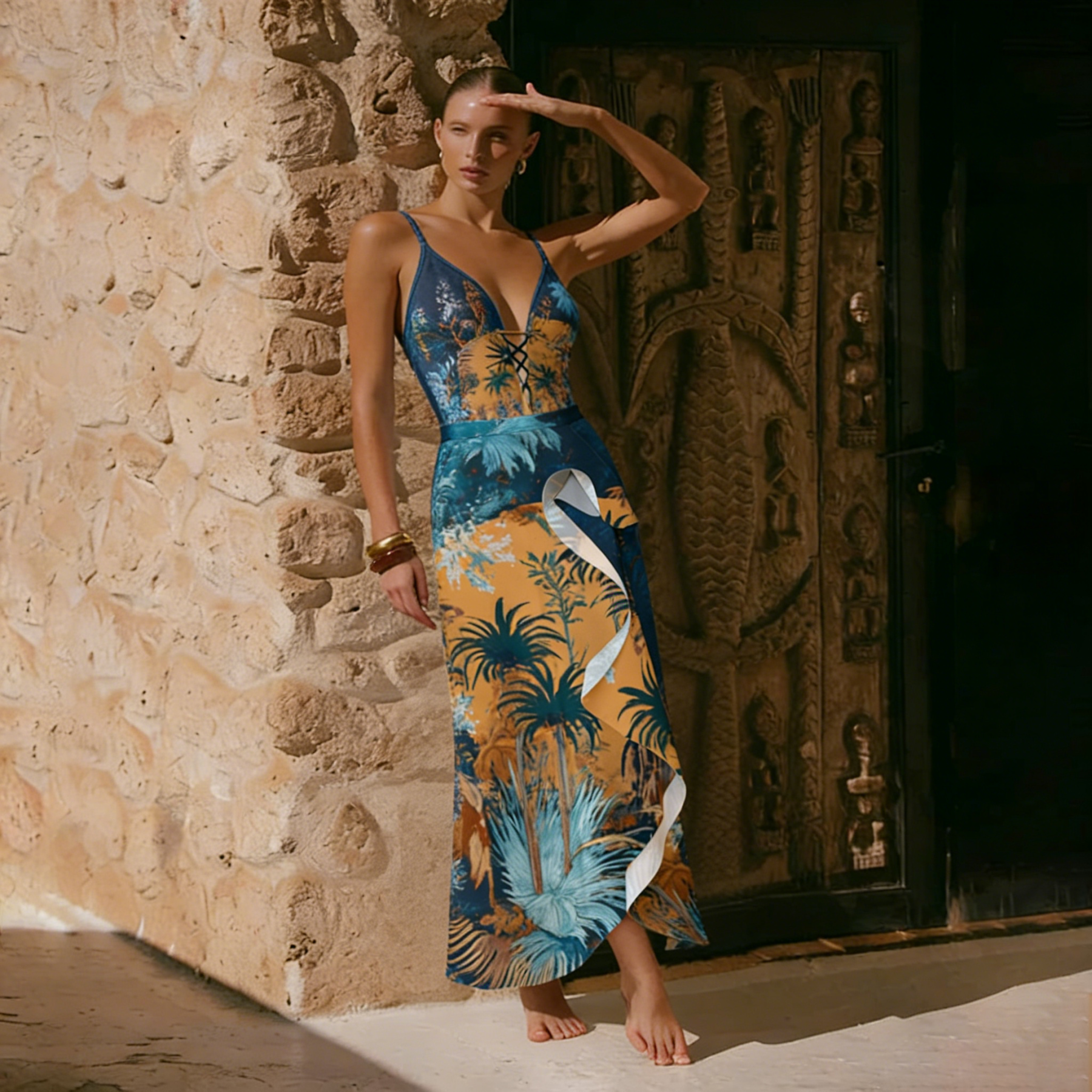 Women's V Neck Scenery Under Moonlight Print One-Piece Swimsuit with Skirt