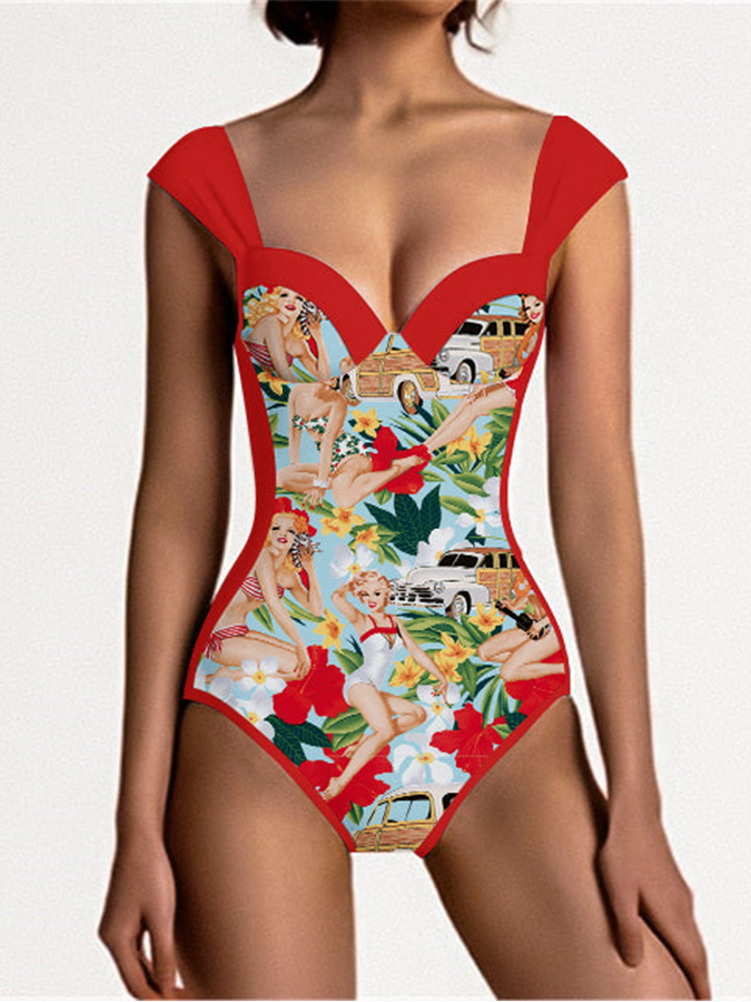 Fashion Colorblock Print Swimsuit Set
