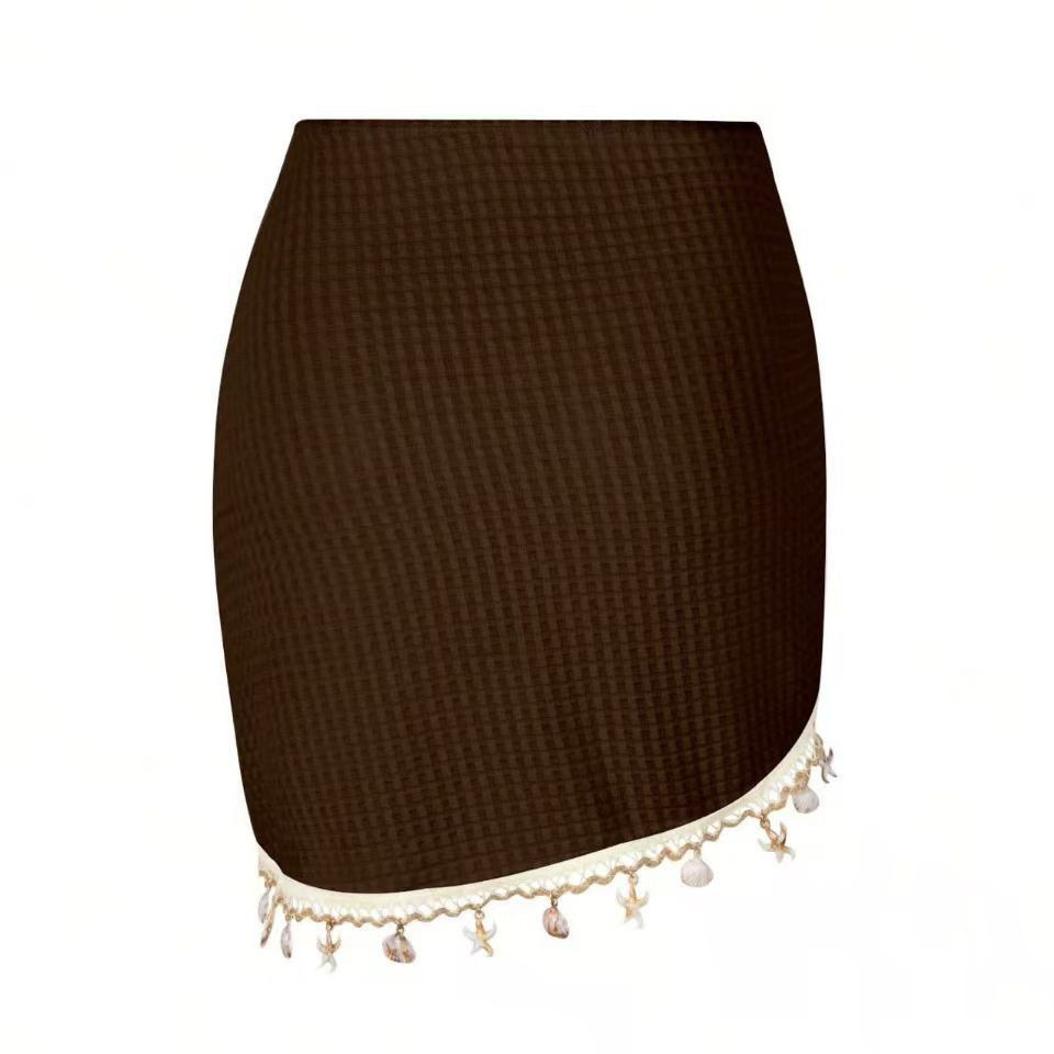 Black Knit Cover-Up Skirt Embellished with Shells, Starfish, and Fringe