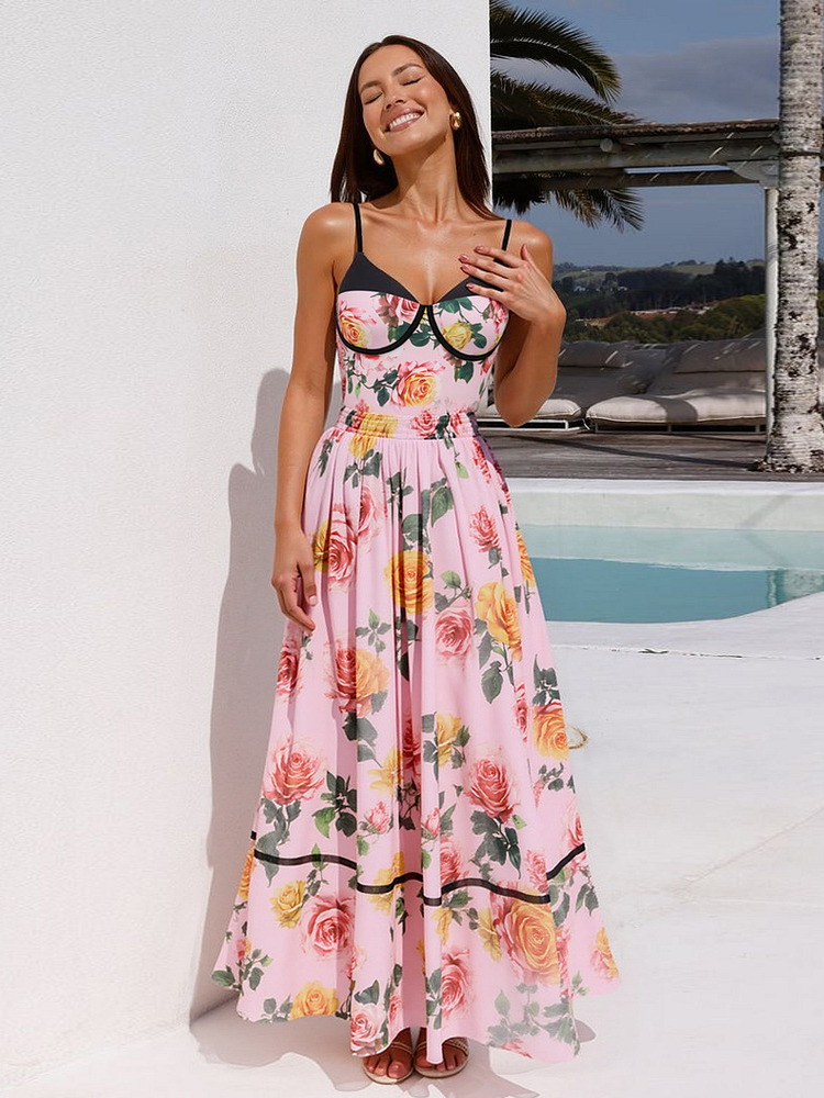 New Pink Floral Print V-Neck One-Piece with Skirt
