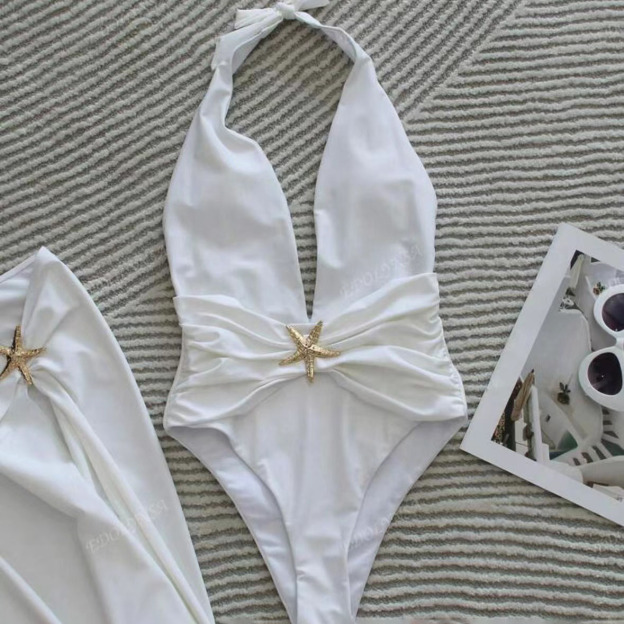 Women's Solid Color Backless One-Piece Swimsuit and Skirt