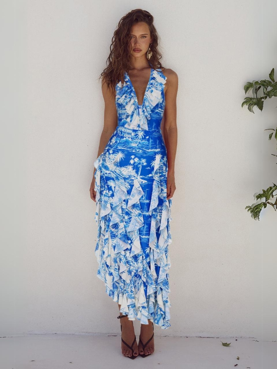 New Blue Palm Tree Island Print Halter One-Piece with Skirt