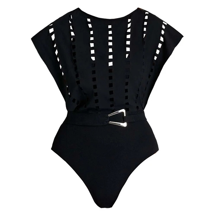 Women's Black Hollow Design One Piece Swimsuit and Skirt