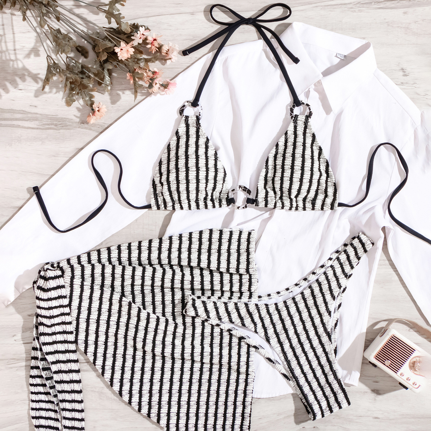 Women's Striped Color-Block 3-Piece Set Two-Piece Swimsuit with Skirt