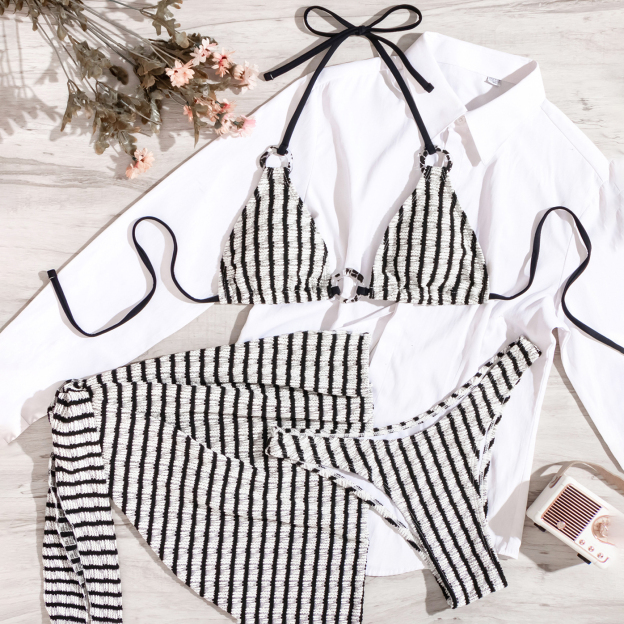 Women's Striped Color-Block 3-Piece Set Two-Piece Swimsuit with Skirt