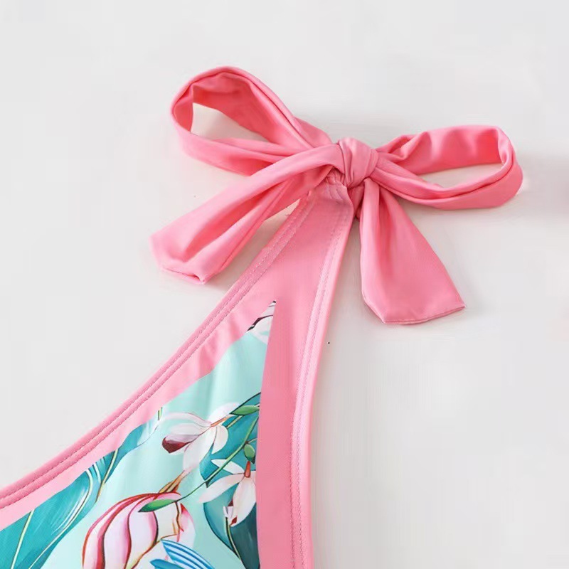 Women's Romantic Pink Botanical Print with Birds One-Piece Swimsuit and Matching Maxi Skirt