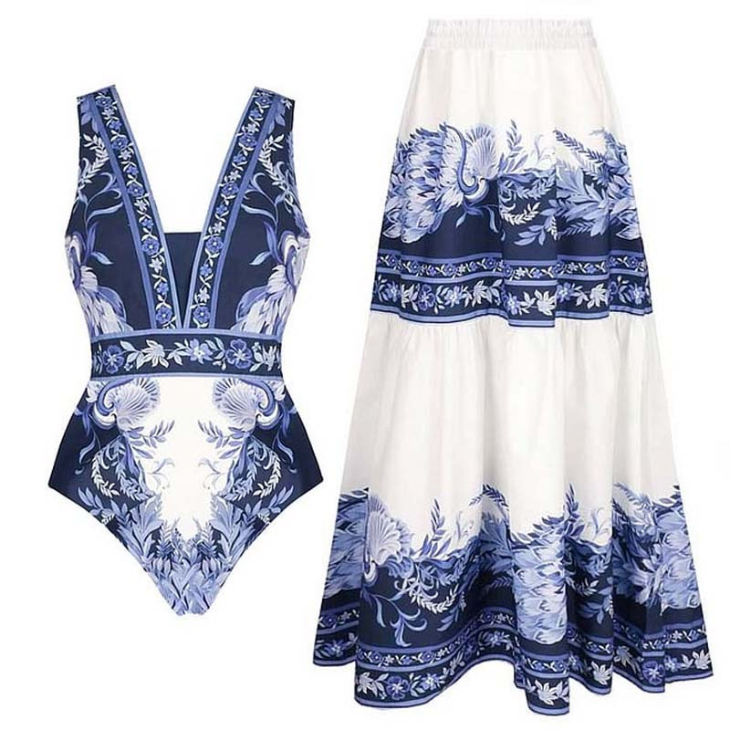 Women's V Neck New Blue Oriental-Inspired Print One Piece Swimsuit and Skirt