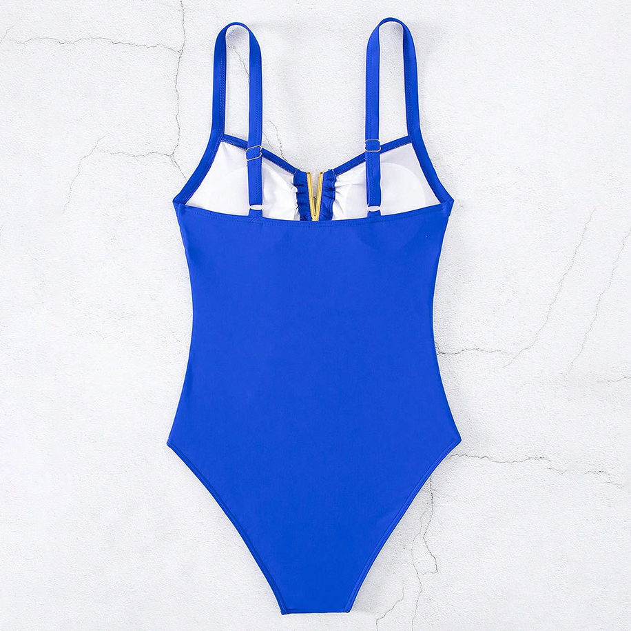 Women's Blue V-Neck One-Piece Swimsuit