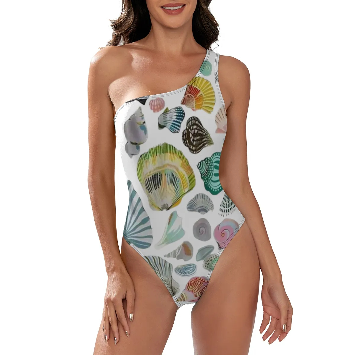 Women’s One Shoulder Swimsuit with Colorful Seashell Pattern and Ocean Vibes