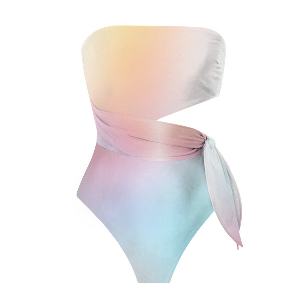 Elegant Gradient Side Knot Detail One-Piece Swimsuit and Sarong Skirt