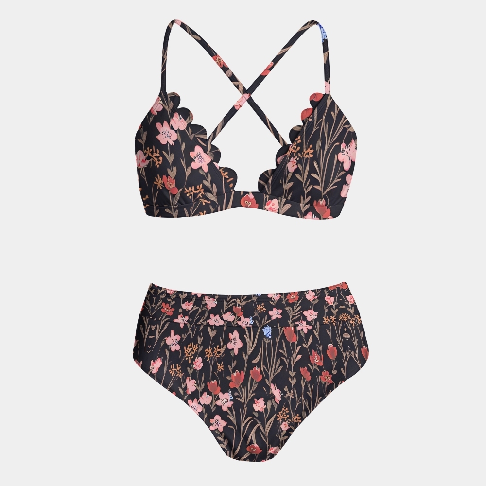 Scalloped Bikini Top High Waist Bottom and Sarong Three Piece Set