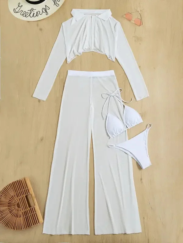 4 Pcs Halter Triangle Bikini with Cover Up